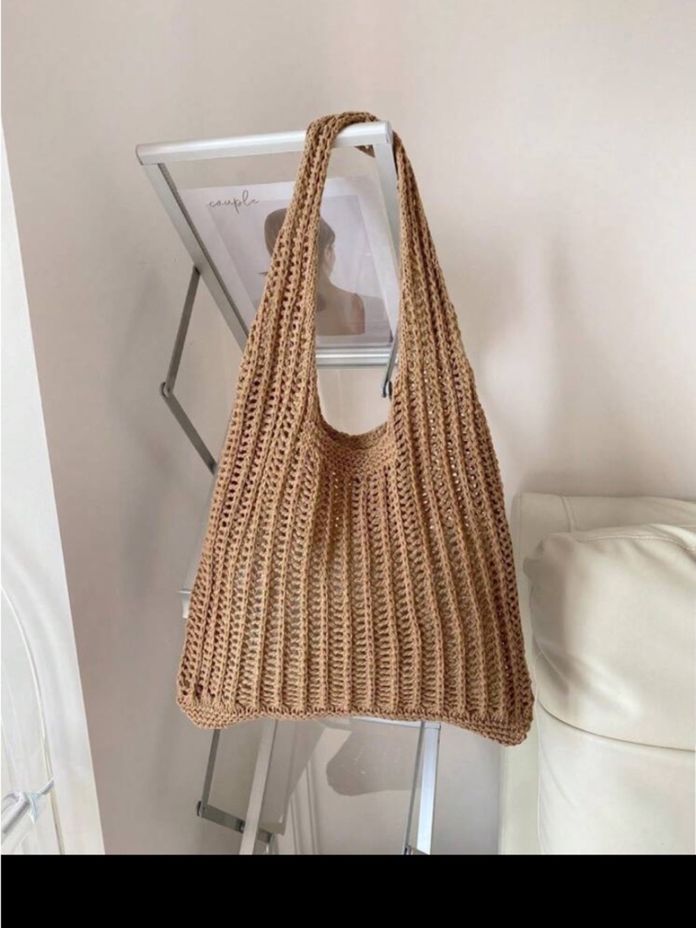 SHEIN Crochet Knit Tote Bag in Camel Brown